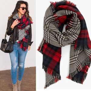 BP. Reversible Black Red Plaid Blanket Scarf with Fringe